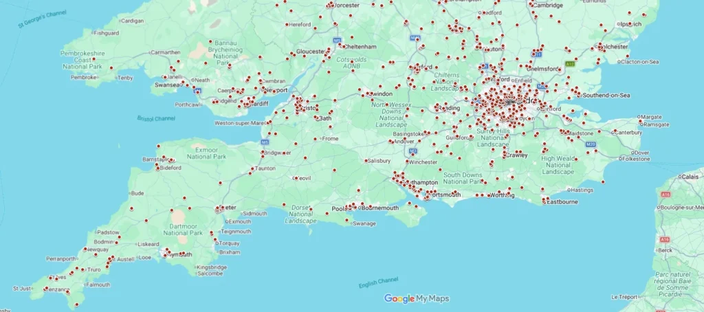 Map of delivery locations across the South, Wales and the West Country