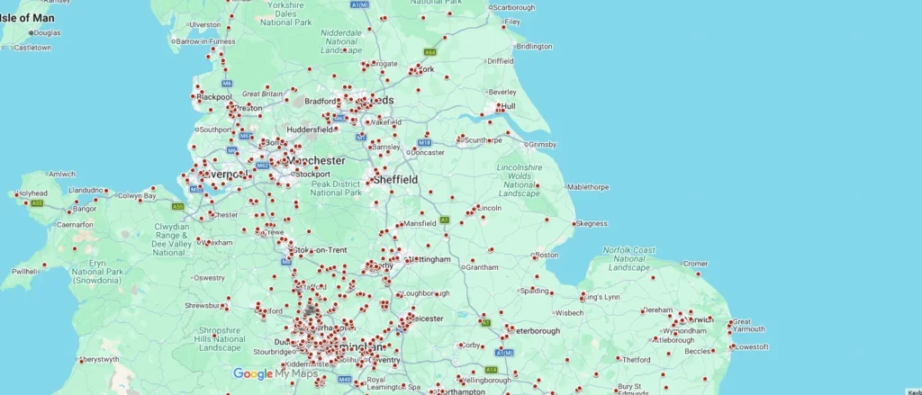 Map of delivery locations across northern England and the Midlands