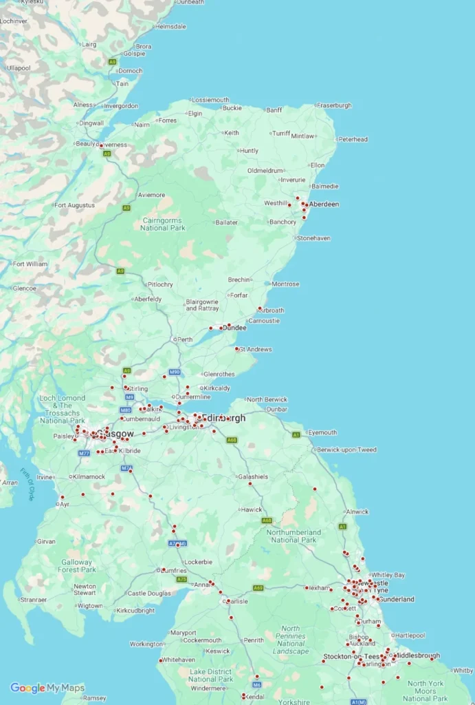 Map of delivery locations across Scotland and the North East