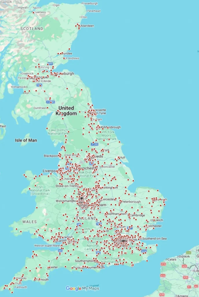 Map of AVT Deliveries delivery locations across Britain